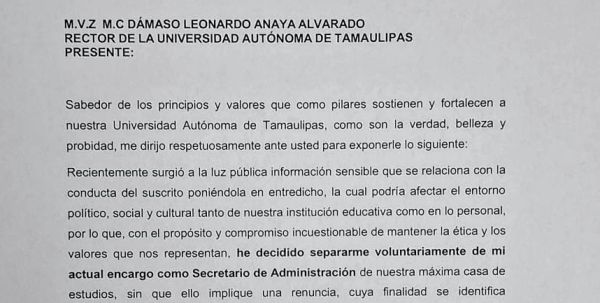 Marco Batarse Contreras se separa del cargo como secretario de administraci&oacute;n en la UAT