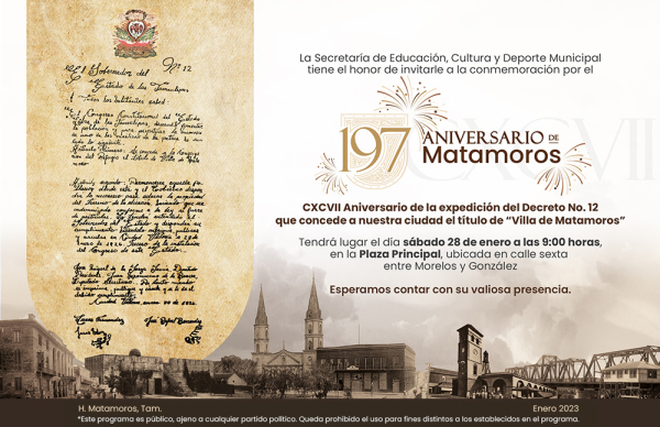 Conmemorar&aacute;n 197 Aniversario de Matamoros con ceremonia c&iacute;vica y presentaci&oacute;n de Tenores